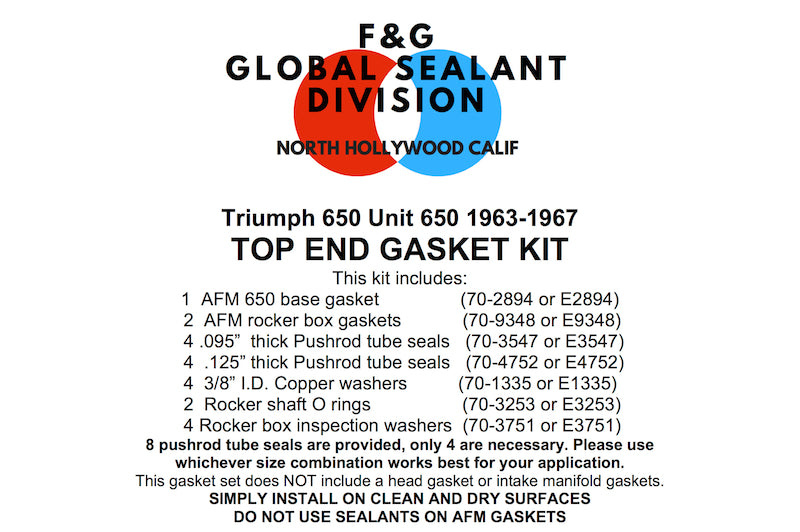 Triumph Unit 650 top end gasket kit 1963-1967