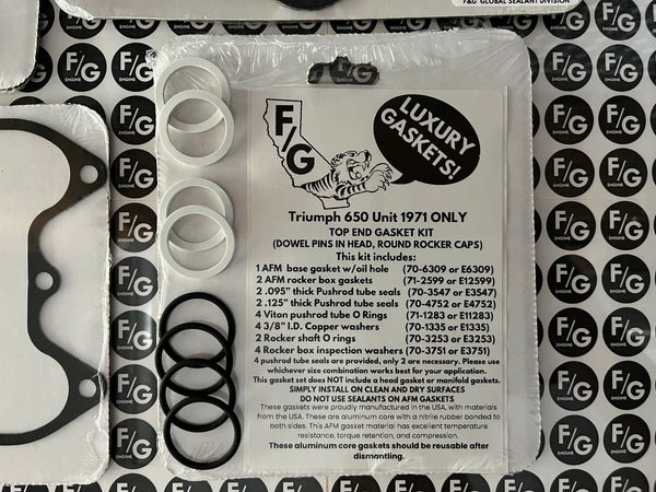 Triumph Unit 650 top end gasket kit 1971 ONLY