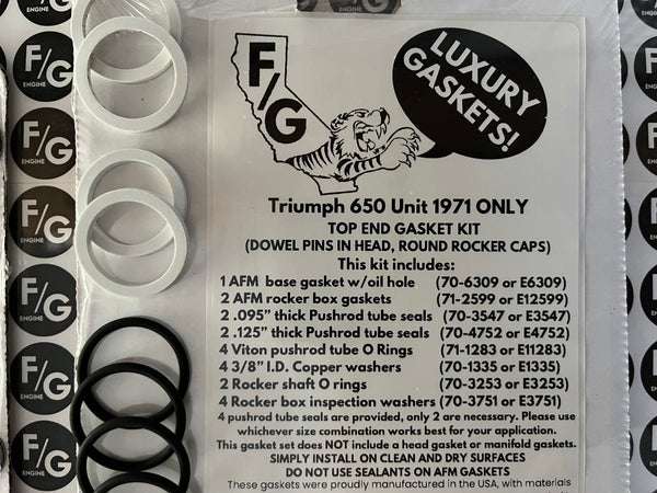 Triumph Unit 650 top end gasket kit 1971 ONLY