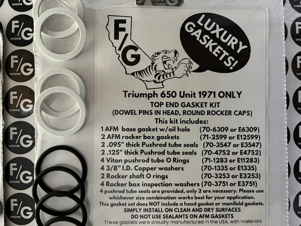 Triumph Unit 650 top end gasket kit 1971 ONLY