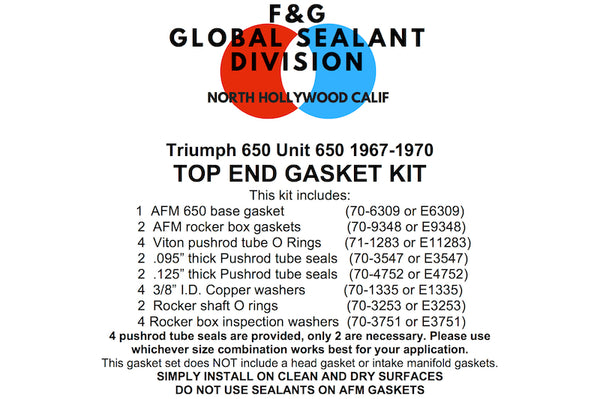 Triumph Unit 650 top end gasket kit 1967-1970