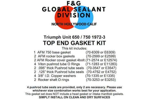 Triumph Unit 650 750 top end gasket kit 1972-1973